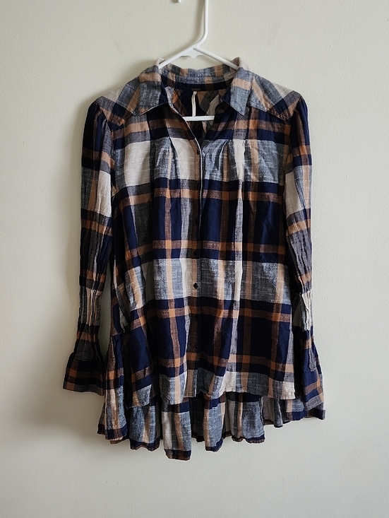 Free People Tops - Free People Peplem Plaid Button-Up Tunic Top in Navy, Cream & Brown